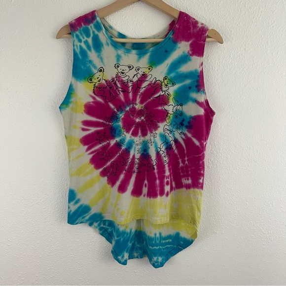 GRATEFUL DEAD Rainbow Tie Dye Teddy Bear Spiral High Low Hem Muscle Tee Tank Top - Picture 1 of 8
